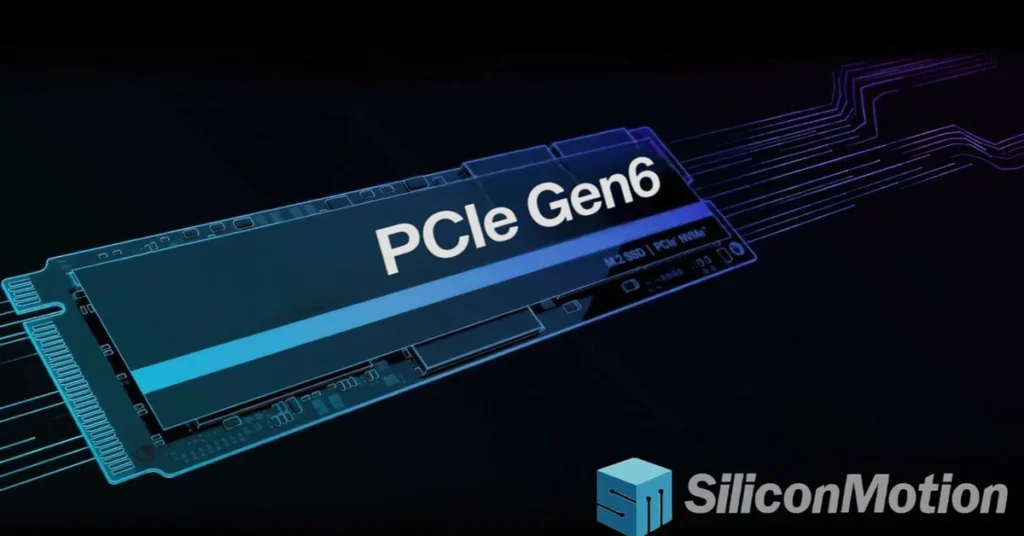 Dispositivo de almacenamiento M.2 SSD con el texto "PCIe Gen6" en azul, sobre un fondo oscuro con líneas abstractas violetas.