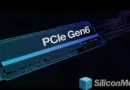 Dispositivo de almacenamiento M.2 SSD con el texto "PCIe Gen6" en azul, sobre un fondo oscuro con líneas abstractas violetas.