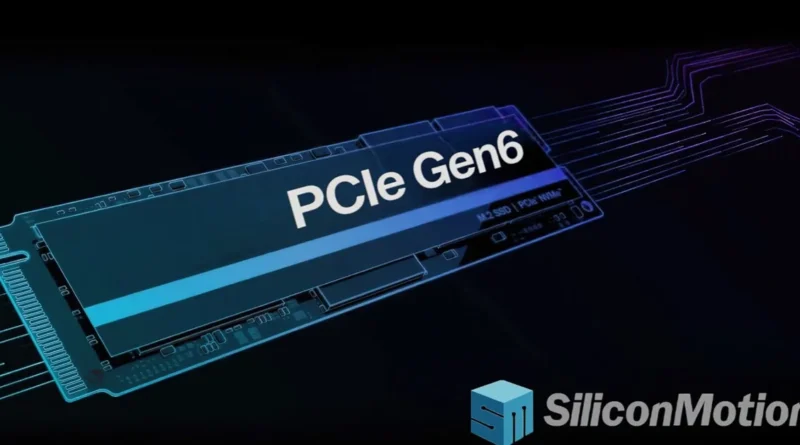 Dispositivo de almacenamiento M.2 SSD con el texto "PCIe Gen6" en azul, sobre un fondo oscuro con líneas abstractas violetas.