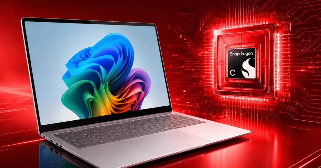 Portátil en un fondo rojo con un chip Snapdragon C. Pantalla muestra un sistema operativo con colores vibrantes y diseño moderno.