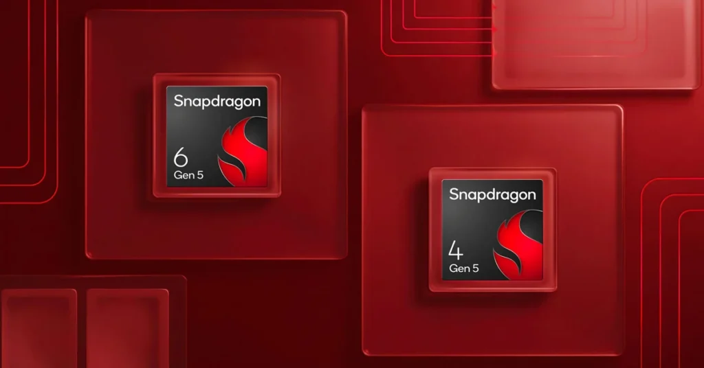 Diseños de los chips Snapdragon 6 Gen 5 y 4 Gen 5 sobre un fondo rojo, con un enfoque moderno y abstracto.