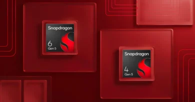 Diseños de los chips Snapdragon 6 Gen 5 y 4 Gen 5 sobre un fondo rojo, con un enfoque moderno y abstracto.