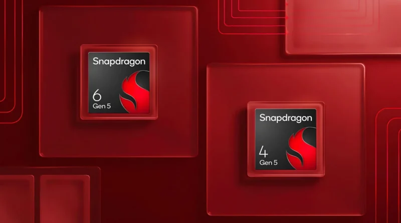 Diseños de los chips Snapdragon 6 Gen 5 y 4 Gen 5 sobre un fondo rojo, con un enfoque moderno y abstracto.