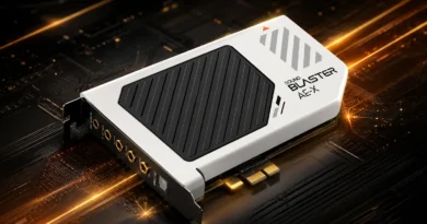 Tarjeta de sonido Creative Sound Blaster AE-X con diseño blanco y negro en un fondo tecnológico de circuitos y luces doradas.