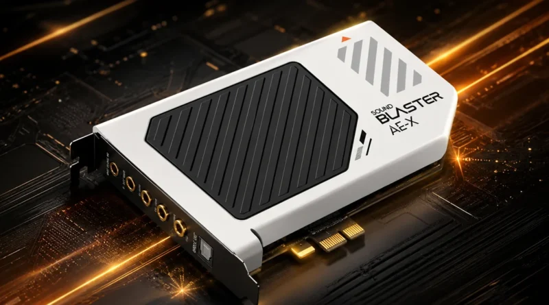 Tarjeta de sonido Creative Sound Blaster AE-X con diseño blanco y negro en un fondo tecnológico de circuitos y luces doradas.