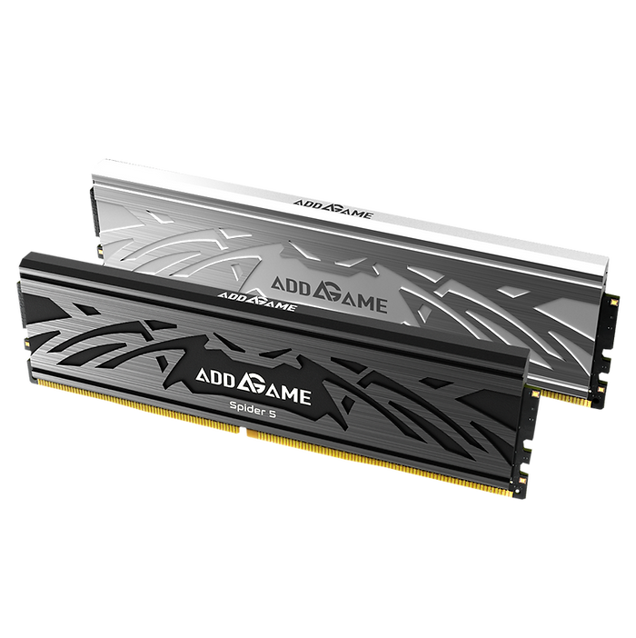 Dos módulos de memoria RAM ADD GAME, uno en color negro y otro en gris, con diseño elegante y detalles en relieve.