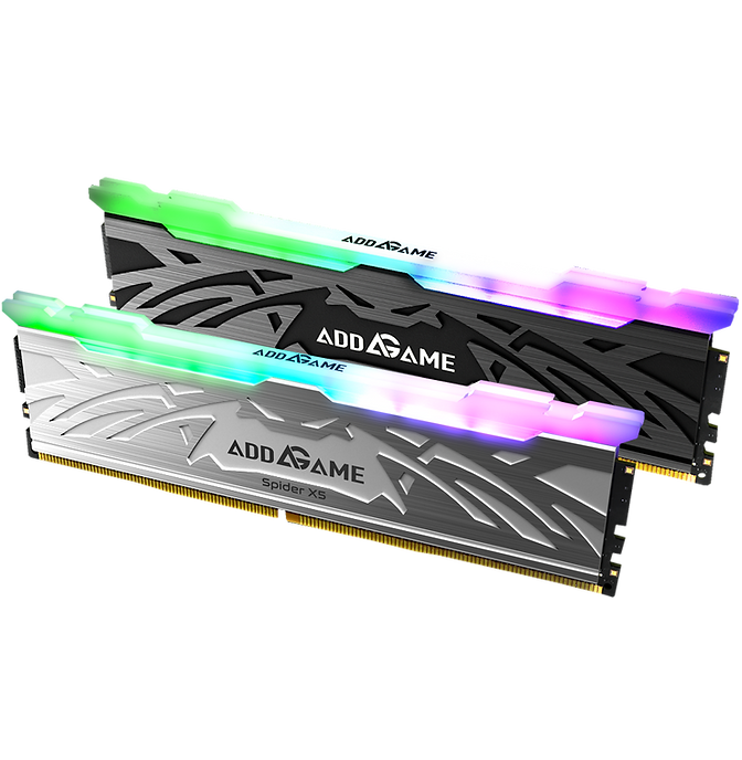Memorias DDR5 CUDIMM de Addgame en negro y plata, con iluminación RGB en la parte superior, sobre fondo blanco.