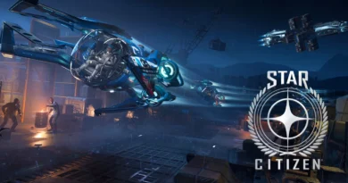 Naves espaciales futuristas vuelan en un entorno oscuro y industrial, con luces brillantes y el logotipo de Star Citizen en la esquina.