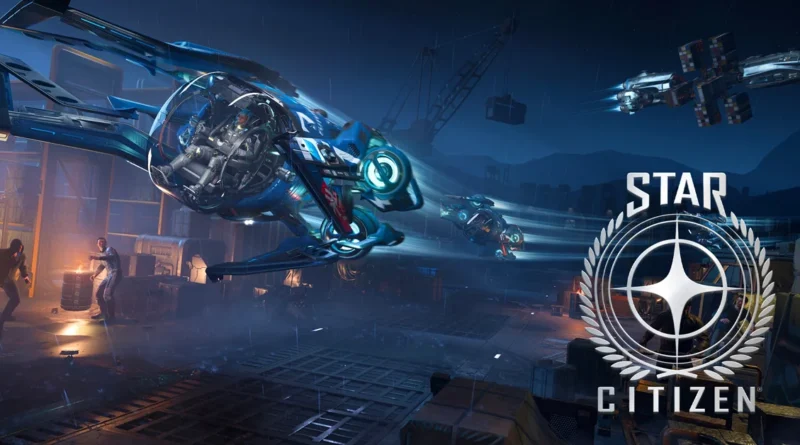 Naves espaciales futuristas vuelan en un entorno oscuro y industrial, con luces brillantes y el logotipo de Star Citizen en la esquina.