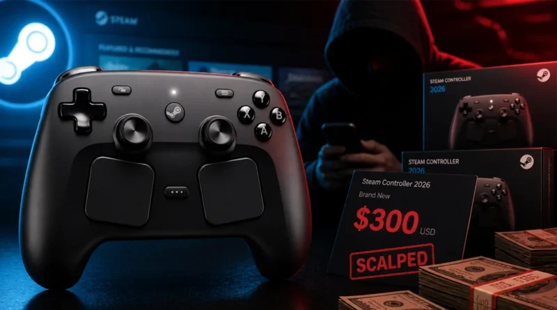 Controlador Steam negro en primer plano, con un fondo oscuro y un ladrón en sudadera; cajas del controlador y billetes en la parte inferior.