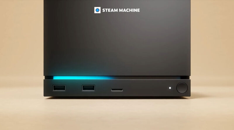 Consola de videojuegos Steam Machine en tonos oscuros, con puertos USB y una luz azul iluminando la parte frontal.