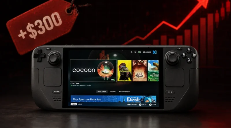 Steam Deck OLED mostrando la interfaz de juegos, con un fondo oscuro y un gráfico en aumento junto a una etiqueta de precio de $300.