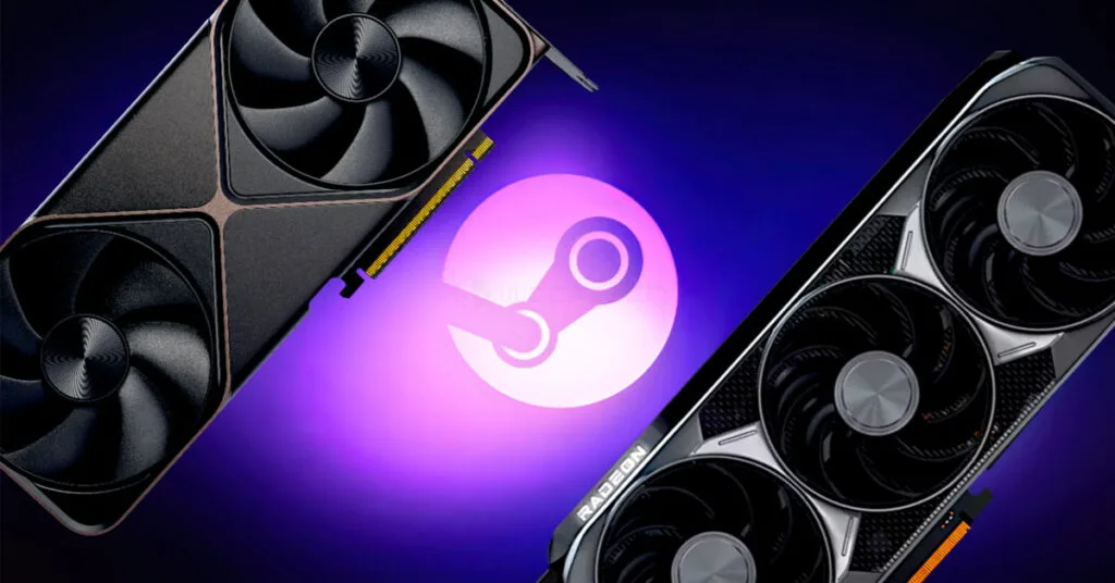 Dos tarjetas gráficas, una con diseño negro y detalles dorados y otra en tonos oscuros, sobre un fondo púrpura con el logo de Steam.