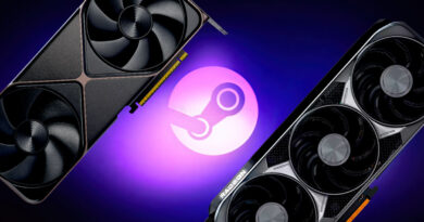 Dos tarjetas gráficas, una con diseño negro y detalles dorados y otra en tonos oscuros, sobre un fondo púrpura con el logo de Steam.
