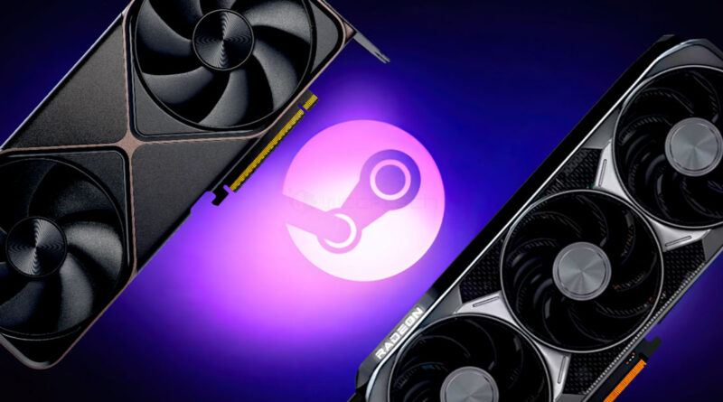 Dos tarjetas gráficas, una con diseño negro y detalles dorados y otra en tonos oscuros, sobre un fondo púrpura con el logo de Steam.