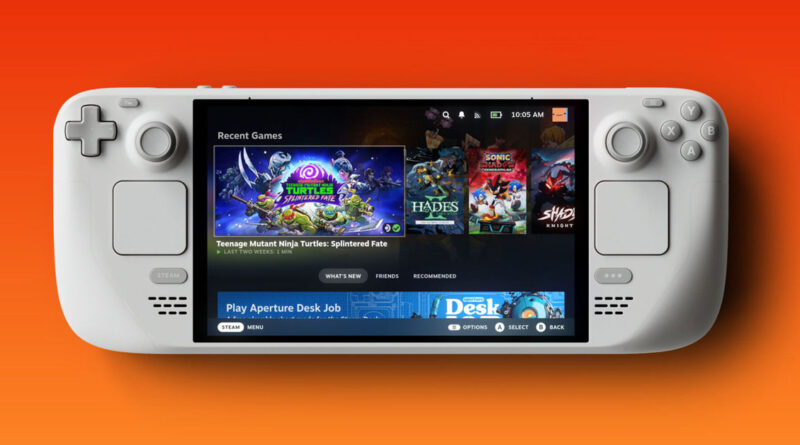 Consola Steam Deck OLED en un fondo naranja, mostrando la interfaz de juegos recientes con títulos como "Teenage Mutant Ninja Turtles".
