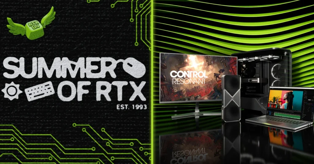 Logotipo "Summer of RTX" en blanco sobre fondo negro con circuitos verdes, junto a una composición de pantallas y componentes gaming.