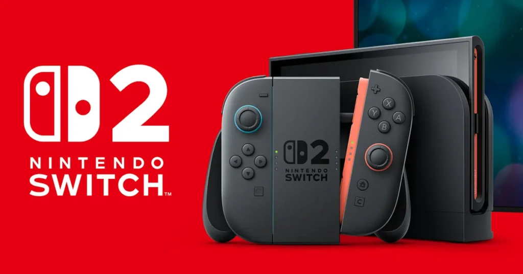 Consola Nintendo Switch 2 en colores negro y rojo, con controladores Joy-Con, sobre un fondo rojo vibrante.