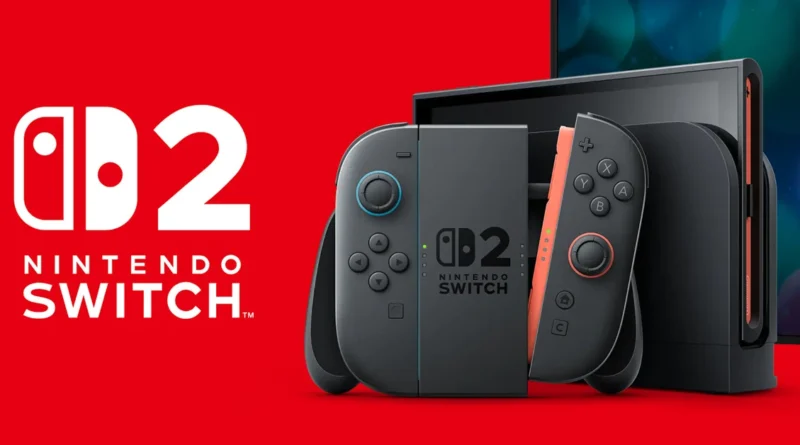 Consola Nintendo Switch 2 en colores negro y rojo, con controladores Joy-Con, sobre un fondo rojo vibrante.