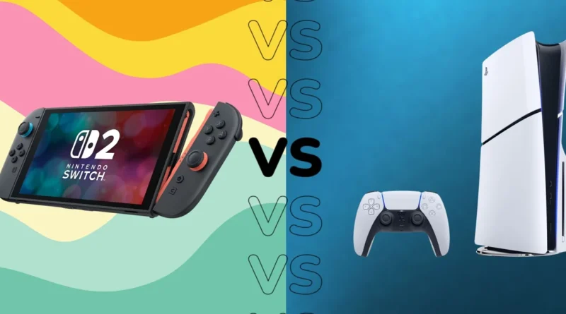 Nintendo Switch a la izquierda con fondo colorido, comparada con la PS5 a la derecha sobre un fondo azul, con un símbolo de "VS" en el medio.
