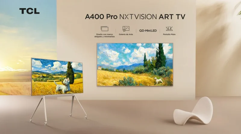 Televisor TCL A400 Pro NXTVISION ART TV con diseño minimalista, mostrando una pantalla artística de campo y una vaca en un marco elegante.