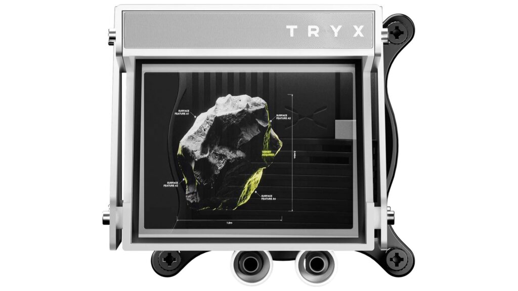 Pantalla de visualización rectangular con un diseño blanco, mostrando un modelo 3D de un objeto rocoso en tonos grises y amarillos.
