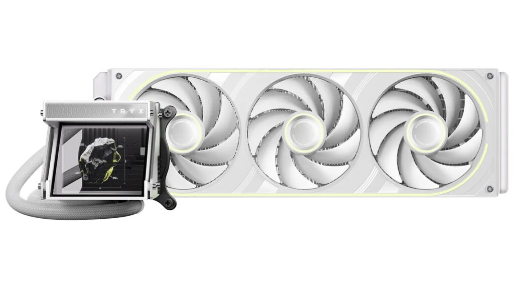 Sistema de refrigeración líquida con un radiador blanco y tres ventiladores, además de un bloque de agua negro y plateado.