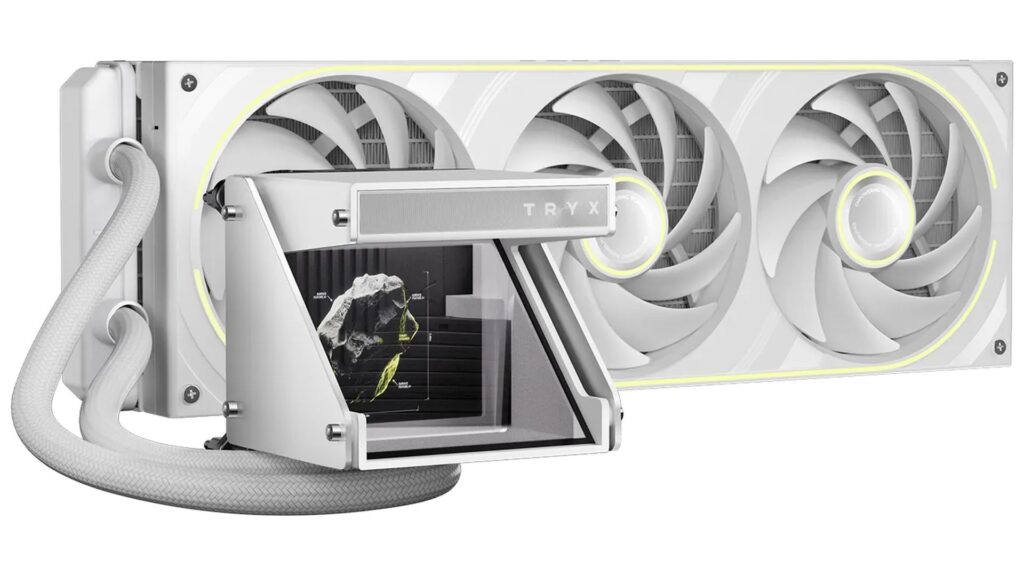 Tarjeta gráfica de diseño blanco con tres ventiladores y un sistema de refrigeración líquido, mostrando un bloque transparente en el frente.