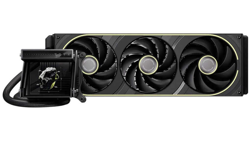 Sistema de refrigeración líquida con un radiador grande y tres ventiladores negros, destacando un diseño elegante y moderno.