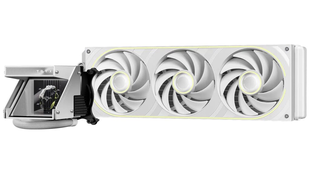 Sistema de refrigeración líquida con radiador blanco y tres ventiladores grandes, presentado junto a una tapa lateral transparente.