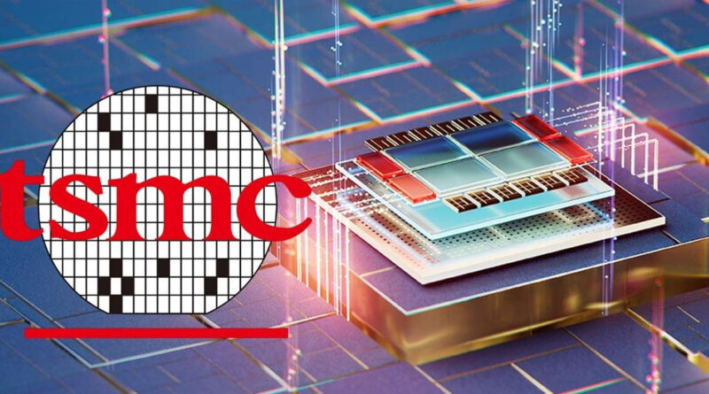 Logotipo de TSMC en rojo, superpuesto a un chip tecnológico detallado sobre un fondo azul con patrones de circuitos.