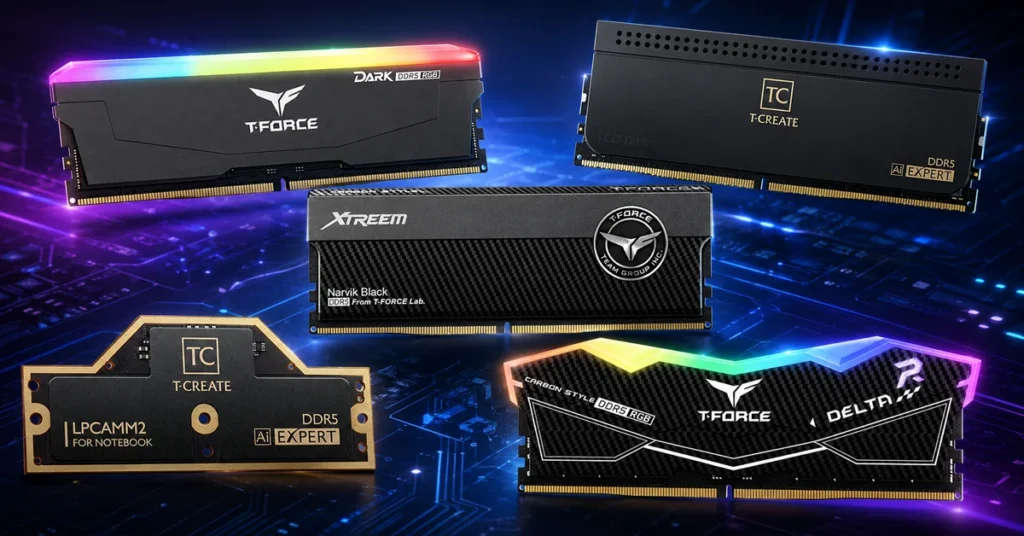 Memorias RAM de diferentes modelos y marcas, con diseño variado y luces RGB, sobre un fondo tecnológico azul y negro.