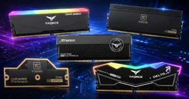 Memorias RAM de diferentes modelos y marcas, con diseño variado y luces RGB, sobre un fondo tecnológico azul y negro.