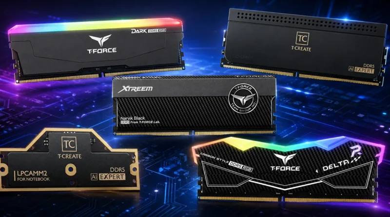 Memorias RAM de diferentes modelos y marcas, con diseño variado y luces RGB, sobre un fondo tecnológico azul y negro.