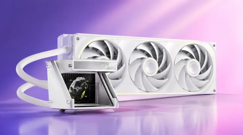 Sistema de refrigeración líquida con enfriador de color blanco, tres ventiladores y un diseño moderno sobre fondo degradado de púrpura a rosa.