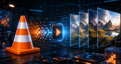Cono de tránsito naranja y elementos digitales que representan flujo de datos, con imágenes de paisajes en el fondo.
