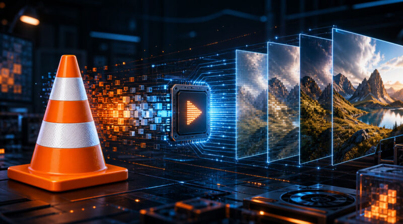 Cono de tránsito naranja y elementos digitales que representan flujo de datos, con imágenes de paisajes en el fondo.