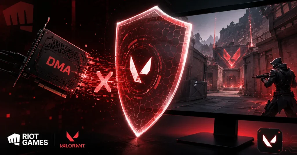 Tecnología de seguridad con un escudo digital y un monitor que muestra un escenario de Valorant, resaltando el bloqueo de trampas DMA.