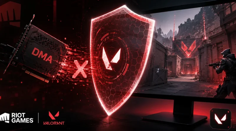 Tecnología de seguridad con un escudo digital y un monitor que muestra un escenario de Valorant, resaltando el bloqueo de trampas DMA.