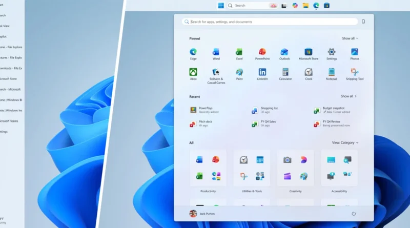 Barra de tareas de Windows 11 mostrando iconos de aplicaciones, un fondo azul claro y un menú de búsqueda en la parte superior.