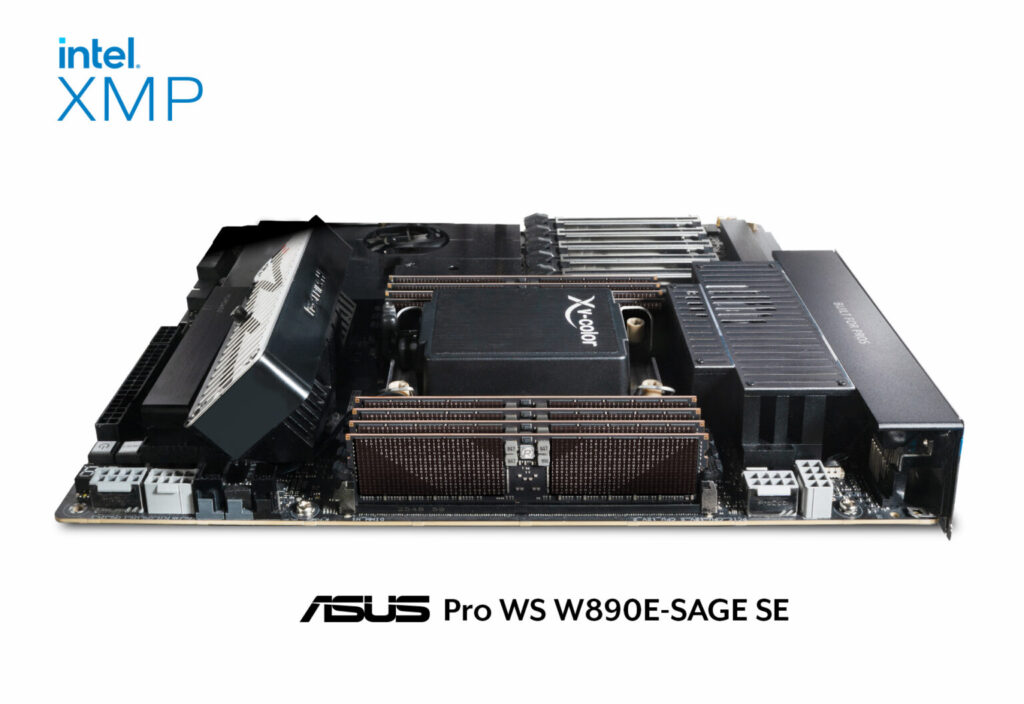 Placa base ASUS Pro WS W890E-SAGE SE con disipadores de calor y módulos DDR5 V-Color en un fondo blanco, destacando el logo de Intel XMP.