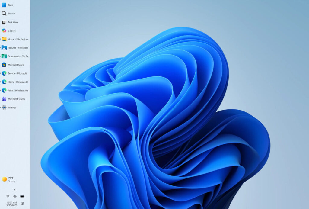 Fondo azul con formas fluidas y onduladas, representando el diseño moderno de Windows 11. A la izquierda, menú de tareas.