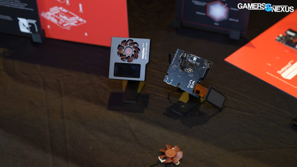 Esquemas de hardware en un fondo negro, destacando un disipador de calor con ventilador y un PCB negro, junto a gráficos informativos.