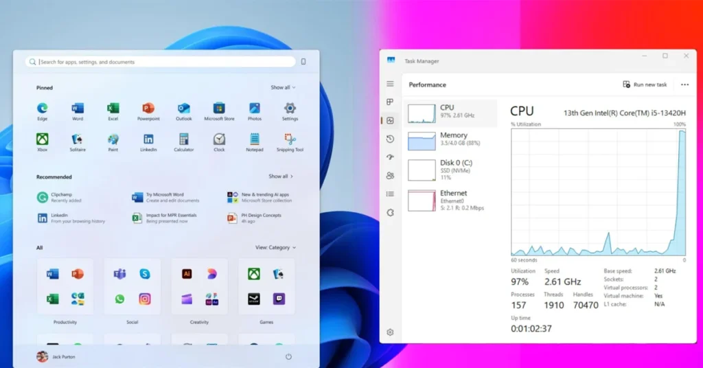 Pantalla de Windows 11 con el menú de inicio a la izquierda y el Administrador de tareas a la derecha, mostrando estadísticas de rendimiento de la CPU.