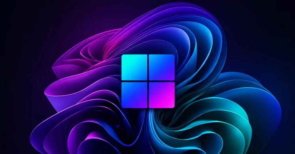 Logo de Windows con un fondo de ondas en tonos morados y azules, creando un efecto dinámico y moderno.
