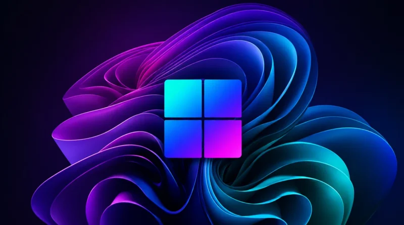 Logo de Windows con un fondo de ondas en tonos morados y azules, creando un efecto dinámico y moderno.