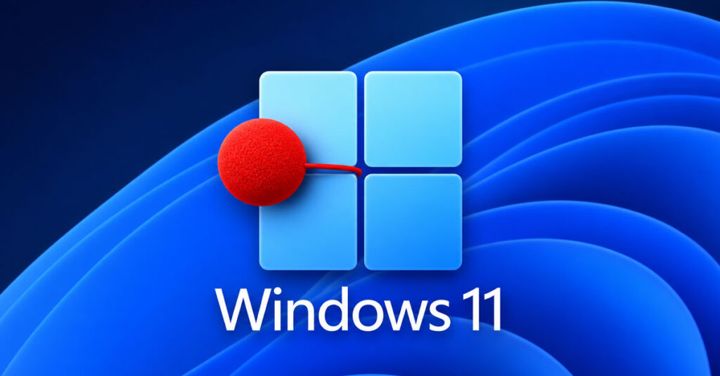 Logotipo de Windows 11 en un fondo azul, con un círculo rojo conectado a una de las esquinas del ícono cuadrado.