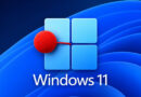 Logotipo de Windows 11 en un fondo azul, con un círculo rojo conectado a una de las esquinas del ícono cuadrado.