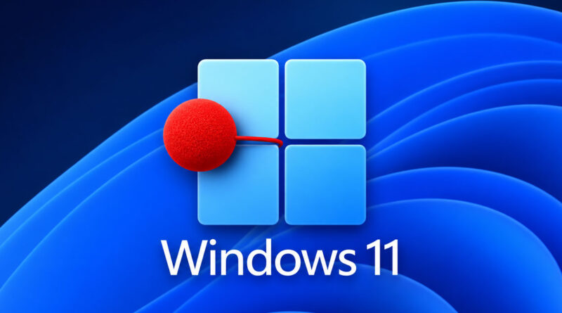 Logotipo de Windows 11 en un fondo azul, con un círculo rojo conectado a una de las esquinas del ícono cuadrado.