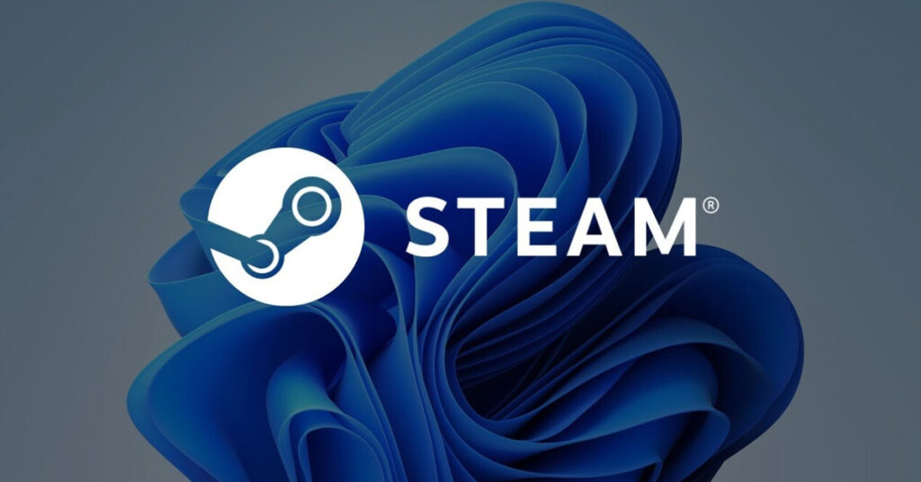 Logotipo de Steam en blanco sobre un fondo azul con forma abstracta, simbolizando la plataforma de juegos.